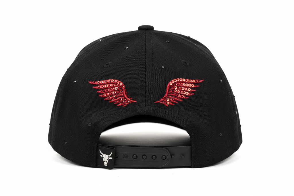 Gorra negra alas rojas fondo blanco