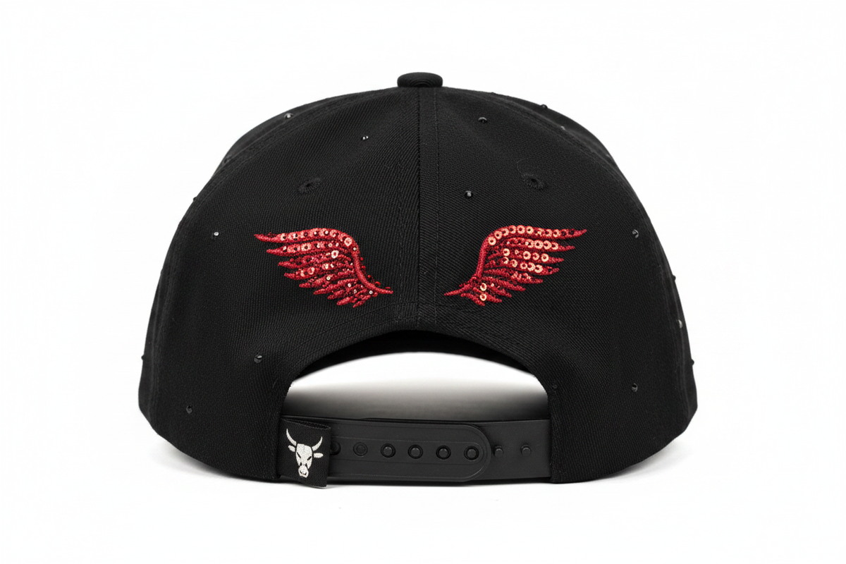 Gorra negra alas rojas fondo blanco